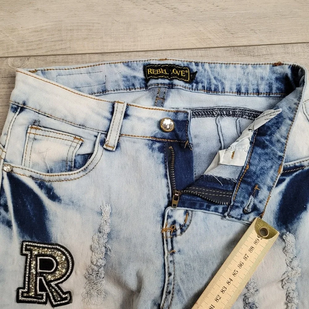 🔥Rebel Love Womens Skinny‎ Jeans 5/6 Distressed Blue Denim Y2K Retro Patches